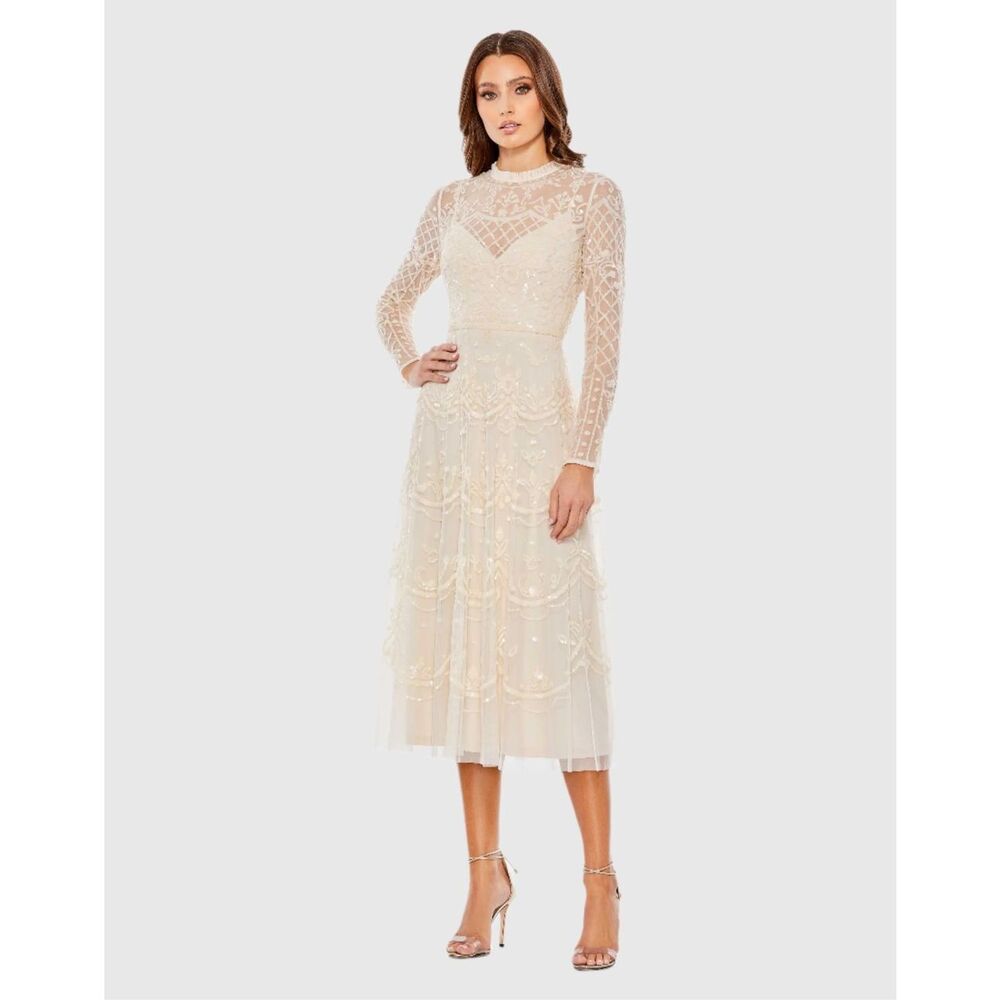 Mac Duggal NWT Sequined Illusion High Neck Long Sleeve Midi Dress in Nude Size 1